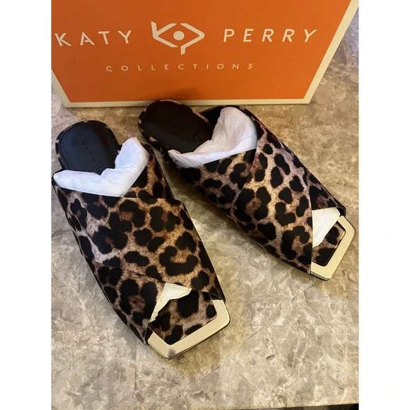 Checked In Slide Sandal Shoe Sz 6 Leopard Print Satin Gold NEW Women Katy Perry - Picture 6 of 7
